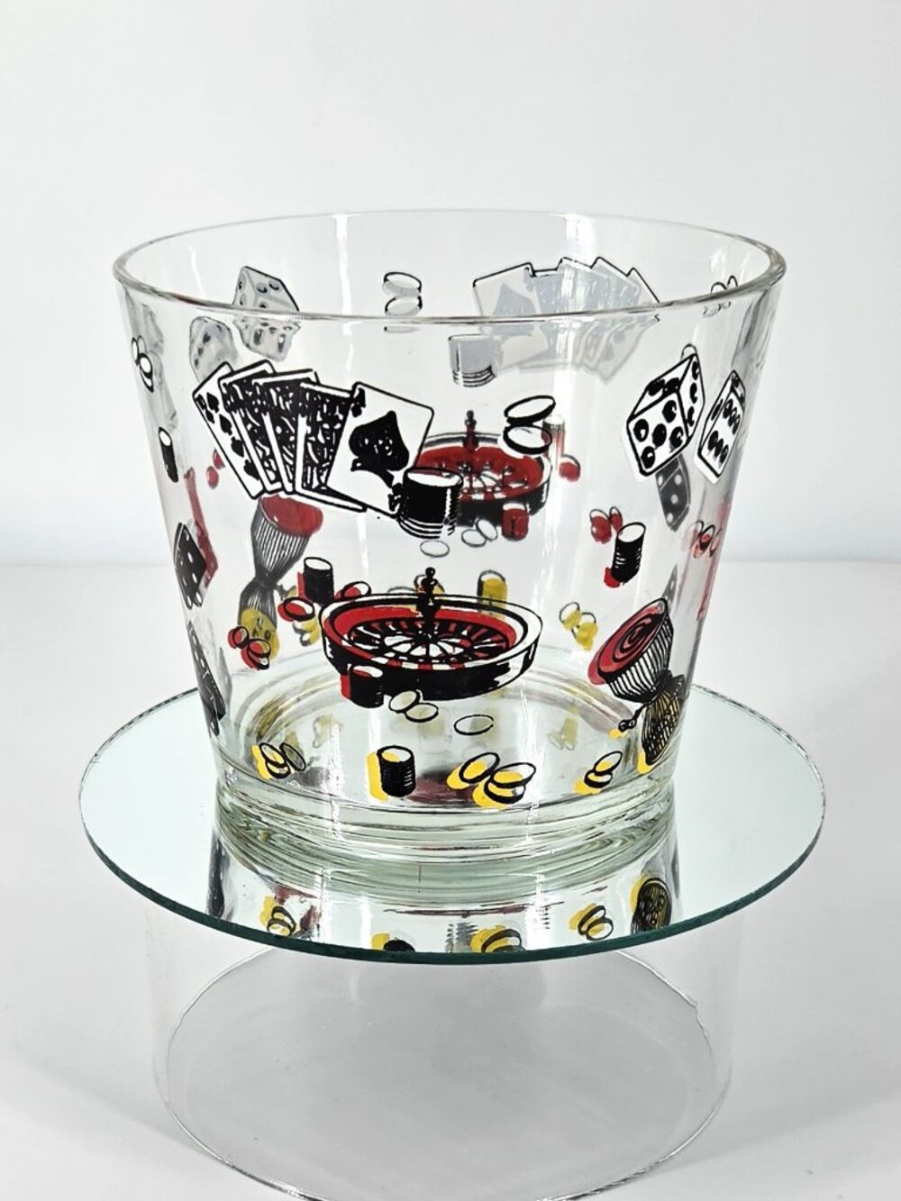 VTG Barware 1960s Glass Ice Bucket Casino Themed Graphics Old Los Vegas Style